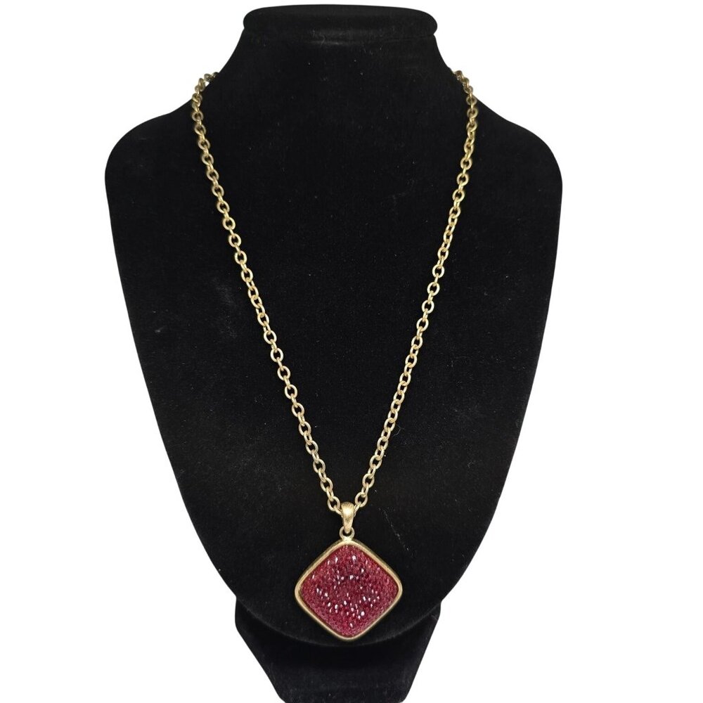 Vintage‎ Red Rhinestone Pendant Necklace Gold Tone 16" Sparkle